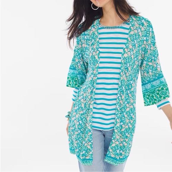 Chico's Sweaters - Chico's Teal & White Printed Open Cardigan with Striped Tee